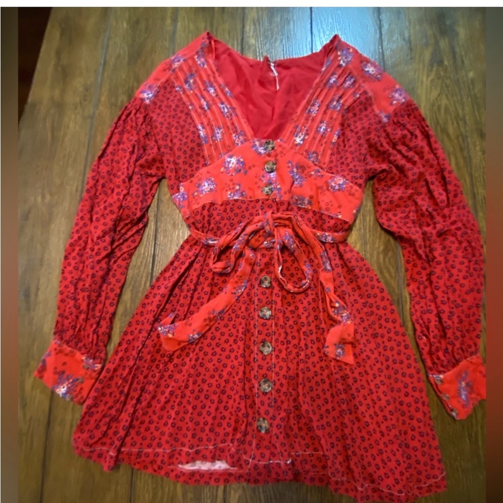 Free People Red Plunge Neckline Mixed Floral Print Dress Size Large